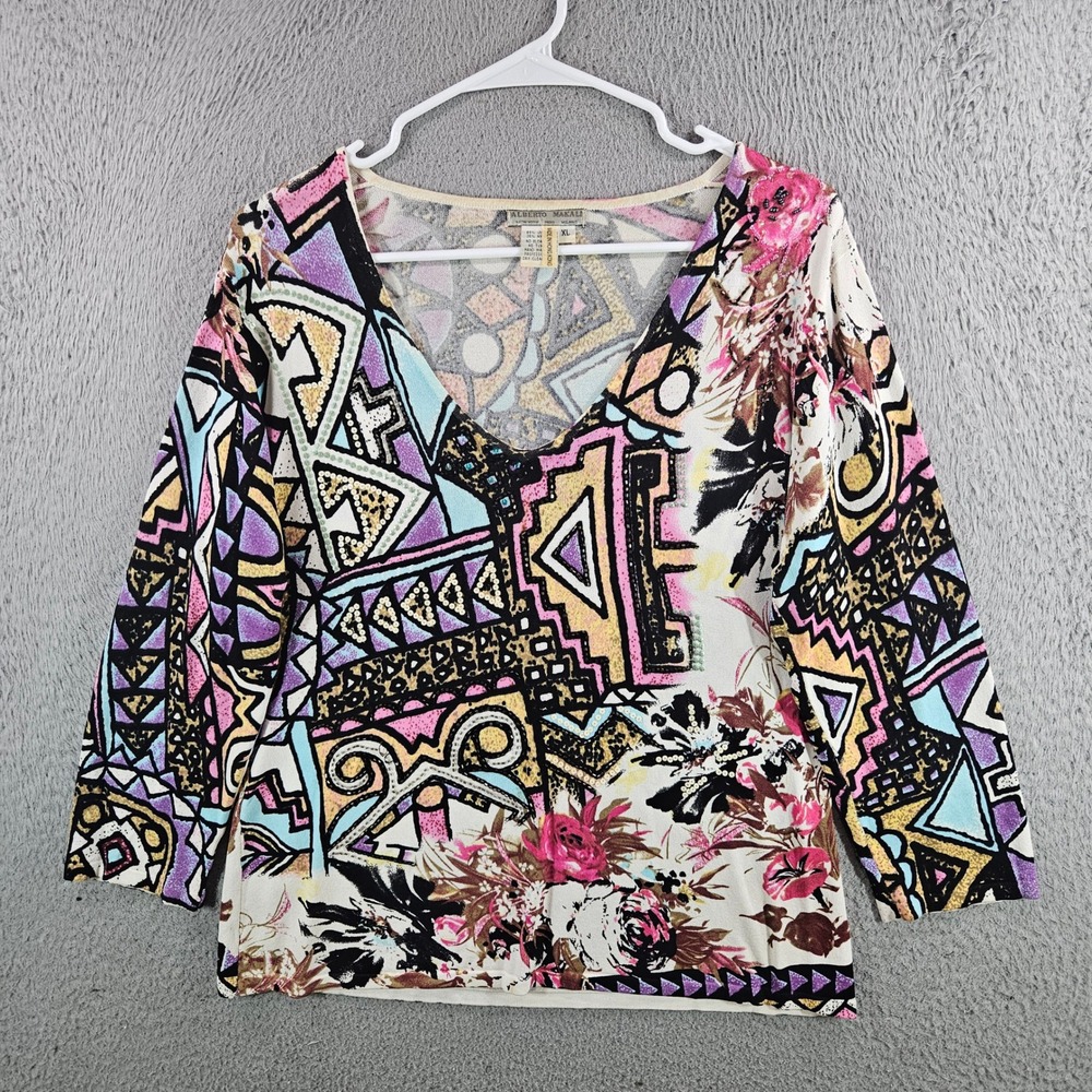 Alberto Makali Womens XL V-Neck Knit Top Mixed Geometric Floral Print Sequin 3/4